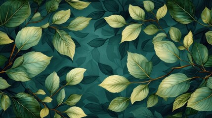  a painting of green leaves and branches on a dark green background with yellow and green leaves on the top of the leaves and the bottom part of the leaves on the top of the top of the.