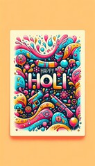 An illustrated poster with abstract waves of Holi colors, playful motifs, and the words "Happy Holi" at the center. AI Generative