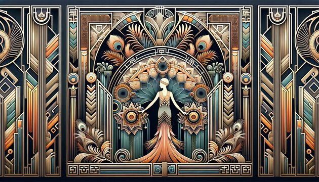 An illustration of a detailed Art Deco design on canvas, adorned with intricate patterns, flapper silhouettes, peacock feathers, chevrons, and other iconic motifs. AI Generated