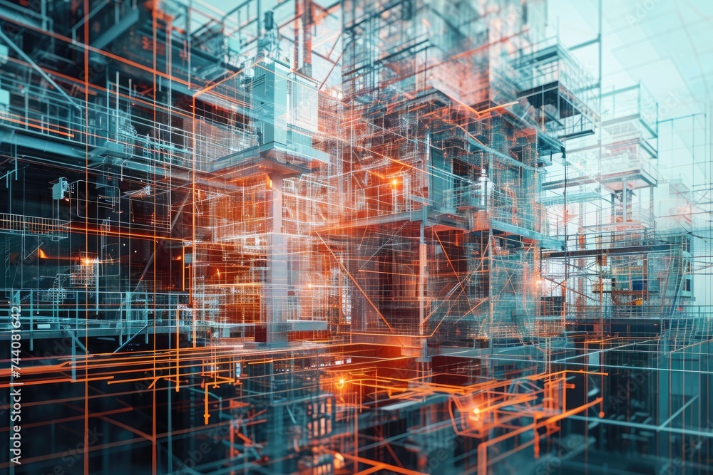 Poster a computer generated image showcasing a modern factory in operation, producing automobiles, layered 