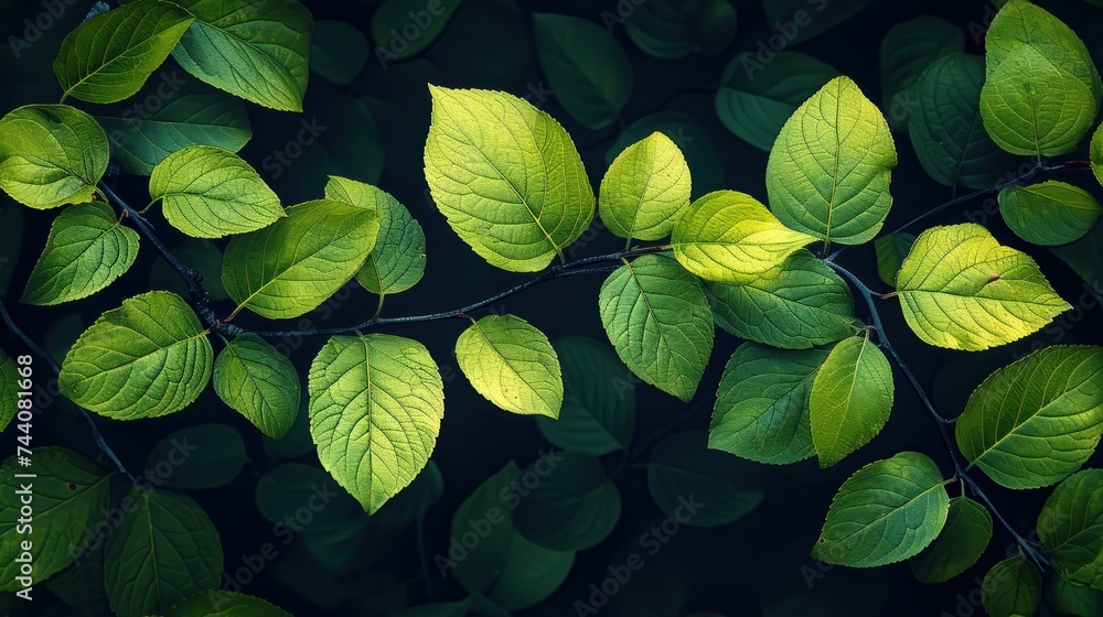Poster a close up of a green leafy branch with lots of green leaves on the top of the branch and the bottom