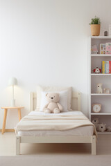 Nursery interior. Bed, toys, photo frame backdrop. White bedroom. Children's Playroom.