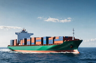 Fototapeta premium webinar banner side view of smart cargo ship carrying containers at sea
