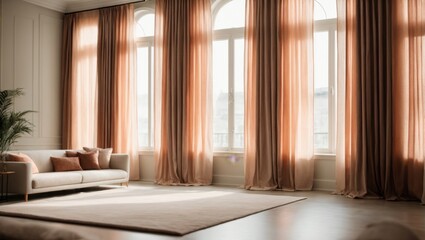 full curtains in an apartment light-colored room with subtle pops of color depth of field background. Earth-natural colors subtle pops of color high-contrasting feminine natural materials home design