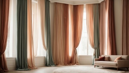 full curtains in an apartment light-colored room with subtle pops of color depth of field background. Earth-natural colors subtle pops of color high-contrasting feminine natural materials home design