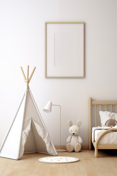 Nursery interior. Bed, toys, photo frame backdrop. White bedroom. Children's Playroom.
