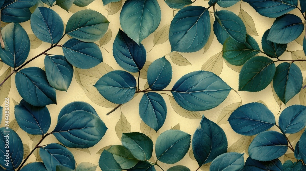 Poster a close up of a blue and green leafy pattern on a sheet of paper with a branch in the center of the 
