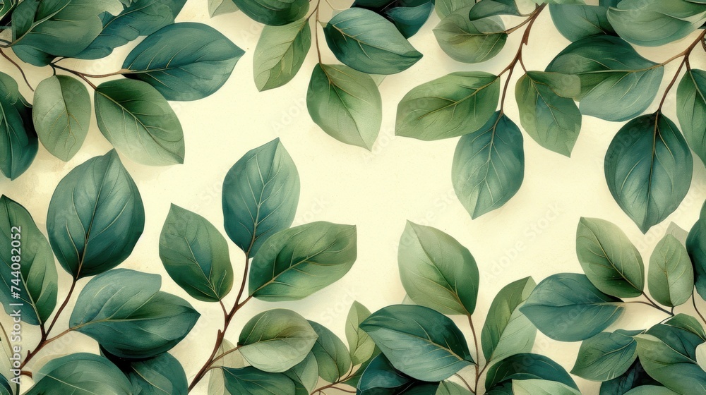 Poster a close up of a pattern of leaves on a sheet of paper with green leaves on the bottom of the image a
