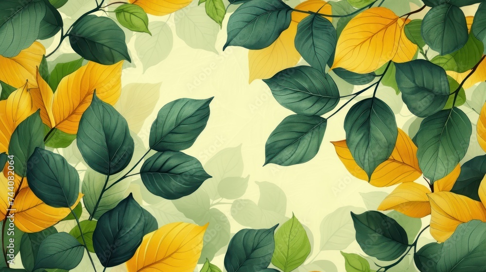 Poster a close up of a bunch of leaves on a white and green background with yellow and green leaves on the 