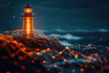 Fotobehang A lighthouse stands atop a mountain, overlooking the vast sky in a remote location, Lighthouse symbolizing guidance and assurance, commandeered by blockchain, AI Generated © Iftikhar alam