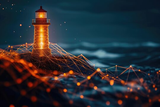 A lighthouse stands atop a mountain, overlooking the vast sky in a remote location, Lighthouse symbolizing guidance and assurance, commandeered by blockchain, AI Generated