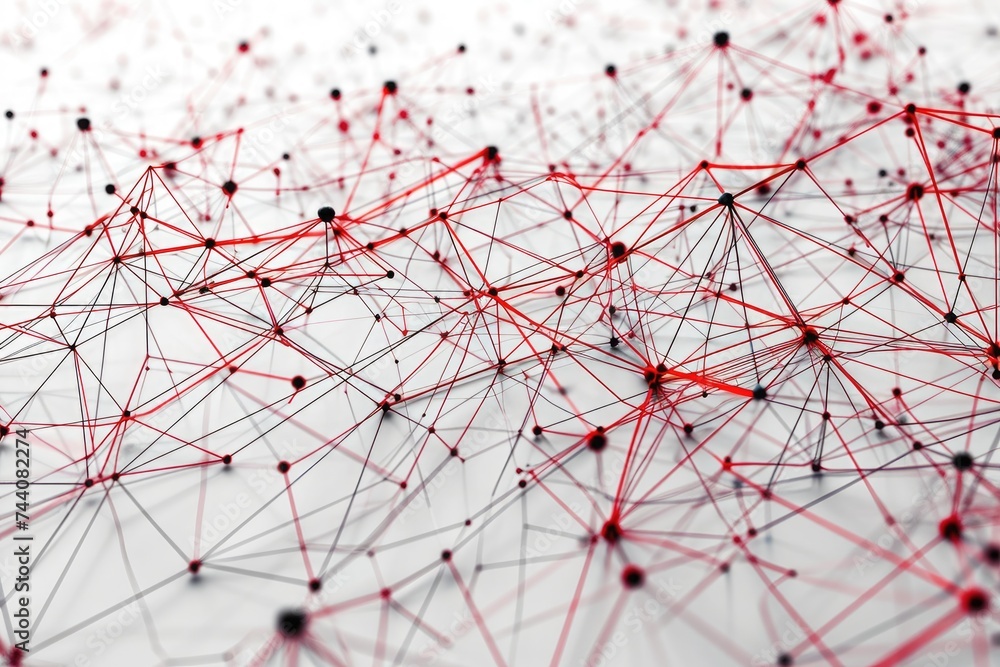 Poster a detailed view of a red network pattern on a clean and white surface, linear representation of a ne