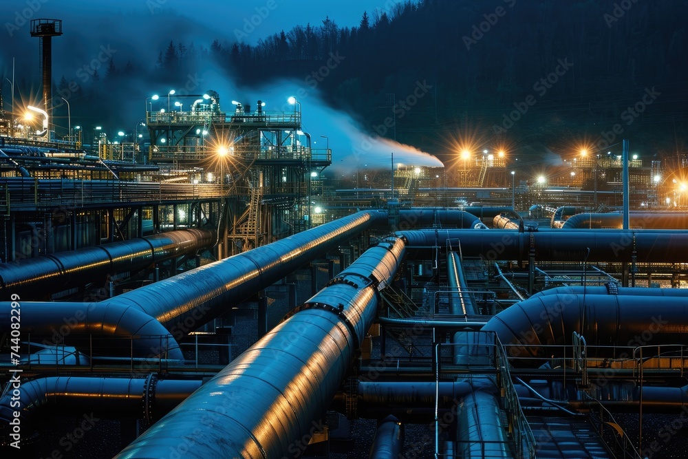 Poster a sprawling pipeline system consisting of a large number of pipes, conveying vital resources for ind