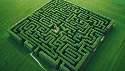 A photo showcasing a detailed maze made of tall, green hedges from a bird's-eye view. AI Generated