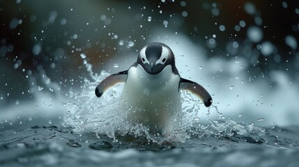  a penguin splashing in the water with it's head above the water and a blurry background of the water and the bird's body of water.