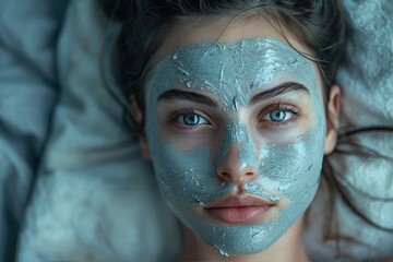A woman's serene expression contrasts with the vibrant green mask on her face, highlighting the importance of self-care and natural beauty