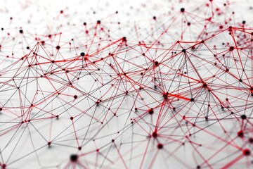 A detailed view of a red network pattern on a clean and white surface, Linear representation of a network topology, AI Generated