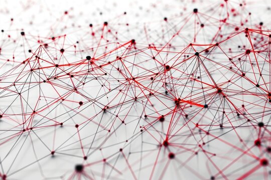 A detailed view of a red network pattern on a clean and white surface, Linear representation of a network topology, AI Generated