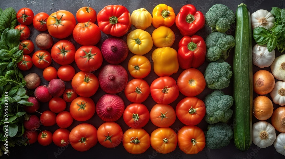 Poster a table topped with lots of different types of tomatoes and broccoli next to a pile of green onions 