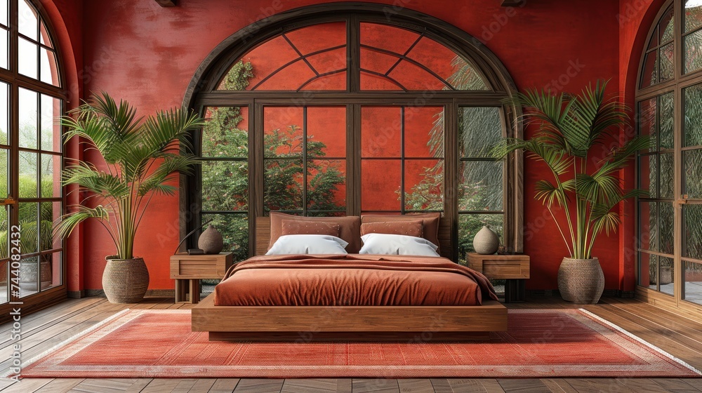 Poster a bed in a room with a red wall and a red rug on the floor next to a large window with a view of tre
