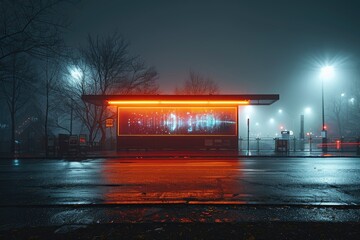 A solitary bus stop stands in the midst of a wintry city, illuminated by a single red street light against the foggy night sky, while the wet pavement reflects the electricity of the surrounding stre