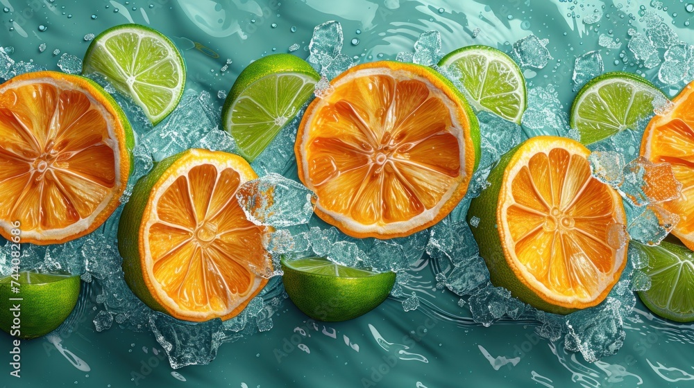 Poster a group of oranges cut in half with limes and lime wedges on a blue background with water splashing 