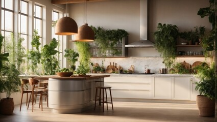 Fototapeta premium loft luxury kitchen with sun rays with greenery and plants interior