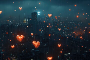 Colorful Balloons Floating Above a Bustling Cityscape, Luminous heart-shaped lanterns floating over...