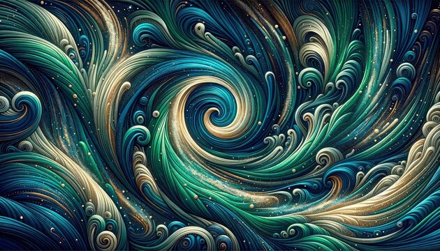 An illustration-style image with swirling patterns in teal, sapphire, and aquamarine shades, evoking the feeling of a deep ocean current. AI Generative