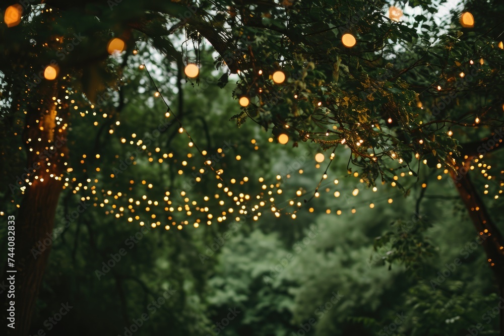 Poster a tree stands adorned with a multitude of lights, creating a bright spectacle as they hang from its 