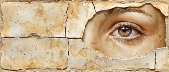 a painting of a person's eye looking through a hole in a piece of paper that has been torn open.