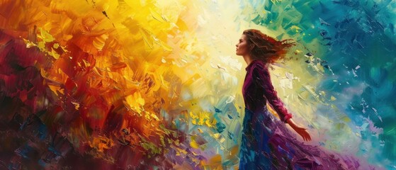 a painting of a woman standing in front of a multicolored painting of a woman with her hair blowing in the wind.