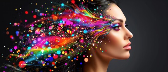 a woman's face with colorful lights coming out of her hair and her hair is blowing in the wind.