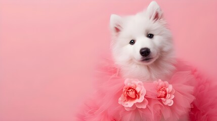 Creative animal concept. Samoyed dog puppy in glam fashionable couture high end outfits isolated on bright background advertisement, copy space. birthday party invite invitation banner