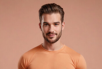 Fototapeta premium A man in an orange athletic tee offers a confident smile, suggesting readiness for an active session.