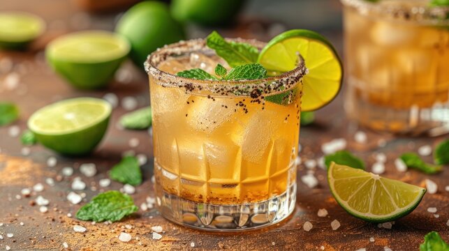  a close up of a drink in a glass with a lime and mint garnish on the rim, surrounded by limes, pepper, limes, and salt and pepper.