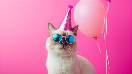 Naklejka premium Creative animal concept. siamase cat in glam fashionable couture high end outfits isolated on bright background advertisement, copy space. birthday party invite invitation banner