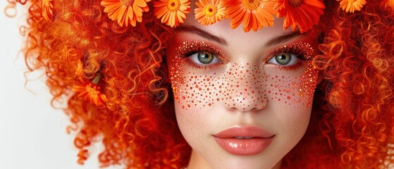 a close up of a woman with red hair and orange flowers on her head and orange flowers on her face.