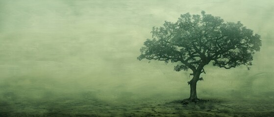 a single tree in the middle of a field in the middle of a foggy day with a sky in the background.