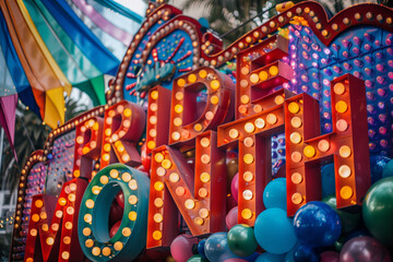Fototapeta premium Secret message at the street: It's pride month art deco or retro style sign at the street as a cinema premiere traffic sign or shop sign