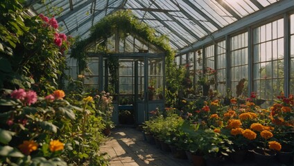 a greenhouse with a glass roof, covered with greenery and inside there are bright blooming flowers with the rays of the sun and a path in the form of a labyrinth. Path covered with large tiles