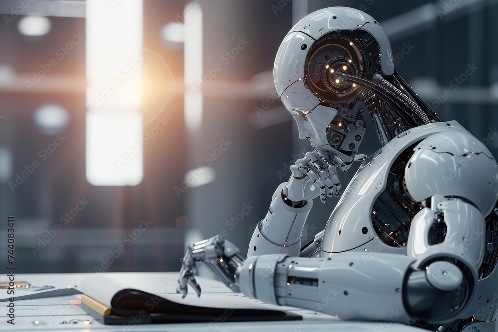 Poster a robot with a pen in its hand is writing on a piece of paper in a classroom setting, machine learni