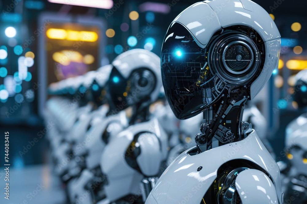 Poster a group of white robots are standing next to each other in a neat formation, machine learning concep