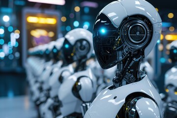 Fototapeta premium A group of white robots are standing next to each other in a neat formation, Machine learning concept with AI robots, AI Generated