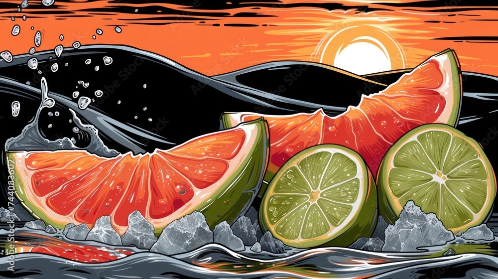 Poster a painting of a slice of watermelon and a slice of lime in the water with a mountain in the backgrou