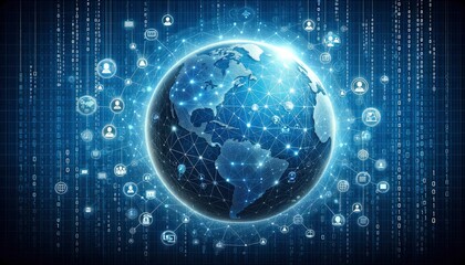 Obraz premium An illustration of a transparent globe at the center of a digital network, surrounded by icons of people, messages, and tech tools, emphasizing global collaboration. AI Generative
