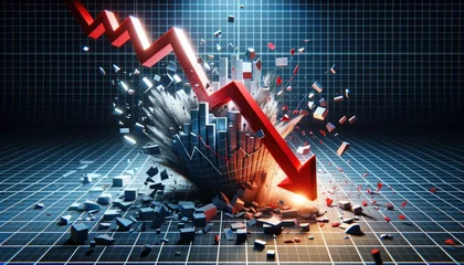 Fotobehang A 3D render of a financial chart that shatters into pieces as a bold red arrow crashes down. AI Generative © Interior Design