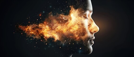 a woman's face with a lot of fire coming out of the side of her face in the middle of the image.