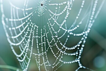 A detailed view of a spider web glistening with water droplets, Macro shot of a spiderweb in the morning dew, AI Generated