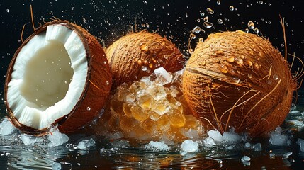  a couple of coconuts sitting on top of a body of water with a splash of water on the inside of the coconuts and the outside of the fruit.